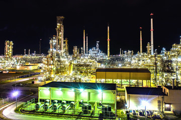 Aerial view. Oil refinery factory and oil at night