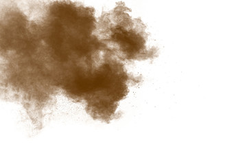 Freeze motion of brown powder exploding. Abstract design of color powder cloud against white...