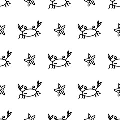 Hand drawn doodle style seamless pattern with black crabs and sea stars on the white background. Vector illustration for wrapping, wallpaper or textile design.