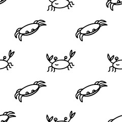 Hand drawn doodle style seamless pattern with black crabs on the white background. Vector illustration for wrapping, wallpaper or textile design.