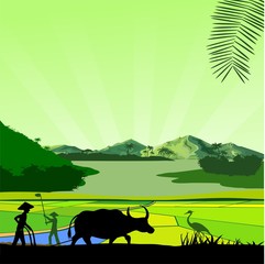 Chinese asian farm silhouette vector landscape, vector countryside asian backgound, peasant plowing the land silhouette, trees silhouette