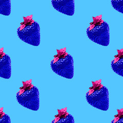 Strawberries Seamless pattern in pop art style Surreal ripe blue strawberries on a blue background