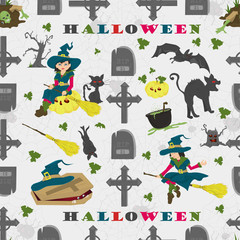 Halloween_13_seamless pattern, in the style of childrens illustration, for design decoration at the festive event