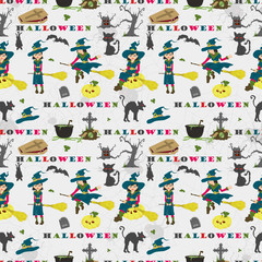 Halloween_19_seamless pattern, in the style of childrens illustration, for design decoration at the festive event