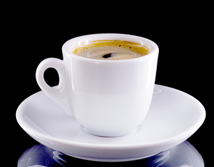 Espresso black coffee - made in a coffee machine with thick crema, of uniform golden-peanut color.