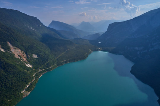 Aerial photography. Panoramic view of the lake Molveno north of Italy. Trento region. Great trip to the lake in the Alps. © Berg