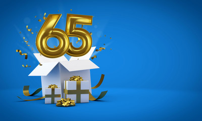 Number 65 exploding from a birthday present gift box. 3D Render
