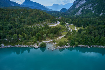 Fototapeta premium Aerial photography. Panoramic view of the lake Molveno north of Italy. Trento region. Great trip to the lake in the Alps.