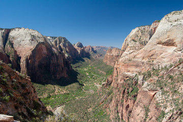 Zion Canyon from Angels Landing in Zion National Park, Utah on a clear and cloudless summer morning.