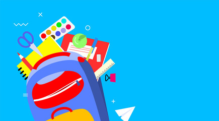 Back to school banner, flat design, background template vector illustration. Colorful school supplies in backpack. EPS10