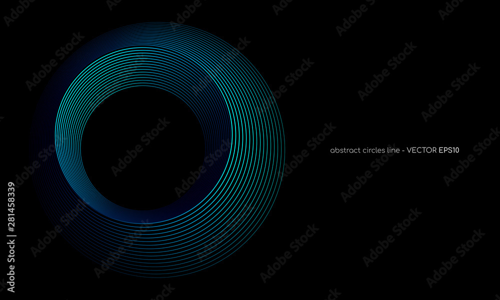 Poster abstract circles lines pattern round frame colorful blue green light isolated on black background. Vector illustration in concept digital, technology, modern, science.