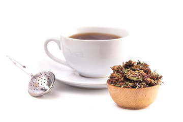Dried Red Clover Flowers and Leaves on a White Background