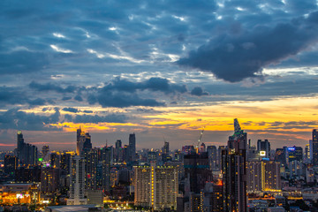 Sky view of Bangkok with skyscrapers in the business district in Bangkok in the during beautiful twilight give the city a modern style.