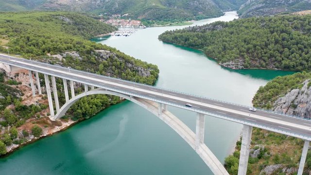 aerial drone footage of bridge over the river in Croatia