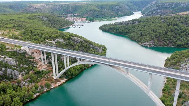 aerial drone footage of bridge over the river in Croatia