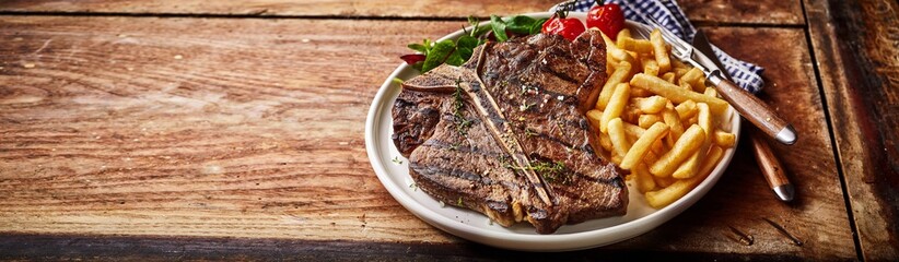 Panorama banner with barbecued T-bone steak