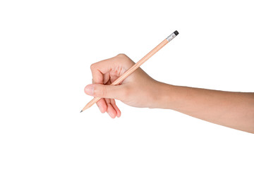Hand holding wooden pencil for writing on white background and clipping path