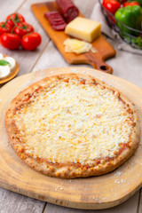 Delicious homemade style extra cheese pizza in restaurant kitchen with full ingredients, vertical