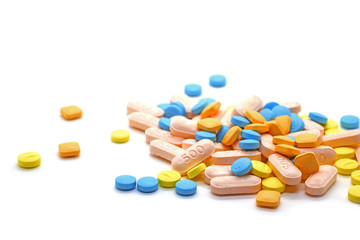 Assorted pharmaceutical medicines  for healthy, isolated on white background.