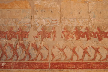 paintings, relief and hieroglyphs inside the temple of hatchepsut, egypt