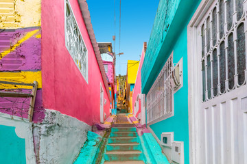 Colombia Bogota,  stairs in the colorful alley of district called Los Puentes