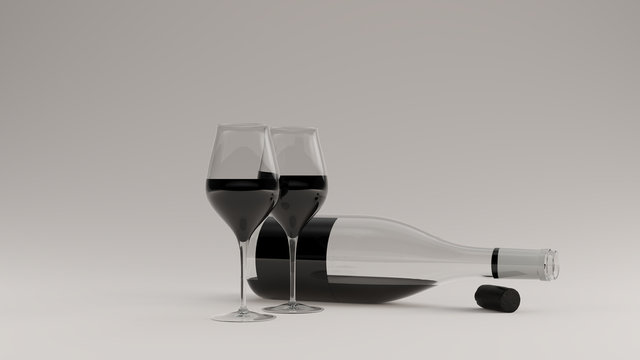 Black Wine an Glass Bottle with a Cork and Wine Glasses Stop 3d illustration 3d render