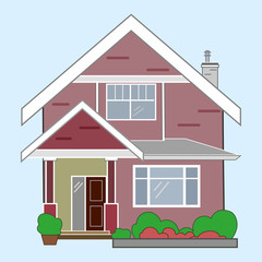 Flat drawing of a large house. Cottage building with Windows. Red roof. Isolated. Vector