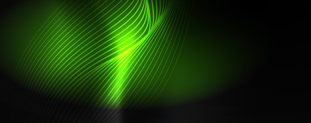 Smoky glowing waves in the dark. Dark abstract background with neon color light and wavy lines. Vector