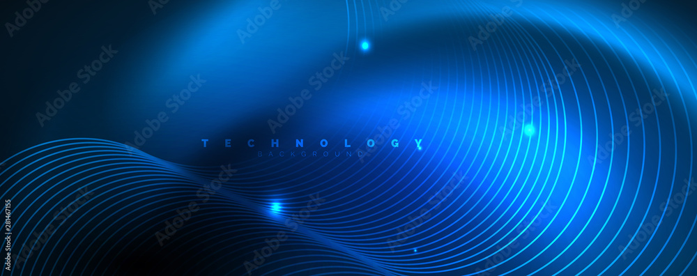 Poster trendy neon blue abstract design with waves and circles. neon light glowing effect. abstract digital