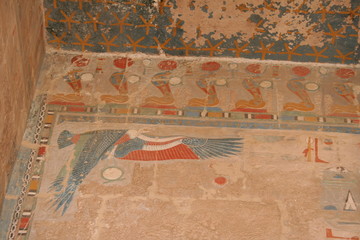 paintings and hieroglyphs inside the temple of hatchepsut, egypt