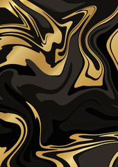 Marble Black and Gold texture. Vector abstract background A4. Fluid art. Liquid mixed paint colors Black, Grey and Gold.