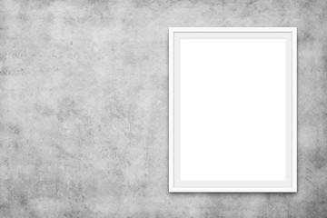 white picture frame on concrete wall - blank canvas mock up -
