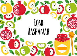 Cute greeting banner background with symbols of Jewish New Year holiday Rosh Hashana, Shana Tova