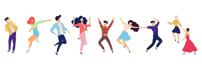 Crowd of young people dancing at club. Big set of characters having fun at party. Flat colorful vector illustration.