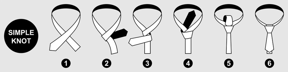 Instruction for tying a tie for men. Version of the Simple knot tie guideline illustration. Set of vector icons