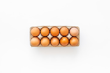 Fresh eggs for organic food on white background top view