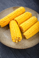 Tasty boiled corn cobs on plate