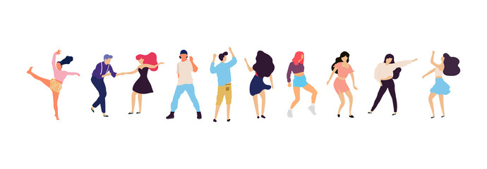 Crowd of young people dancing at club. Big set of characters having fun at party. Flat colorful vector illustration.