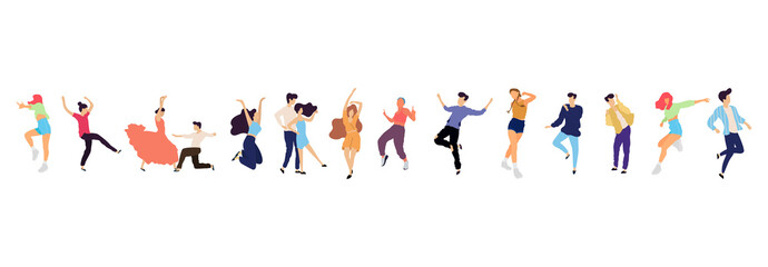 Crowd of young people dancing at club. Big set of characters having fun at party. Flat colorful vector illustration.