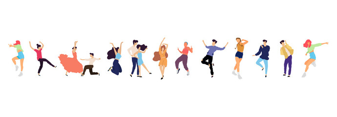 Fototapeta na wymiar Crowd of young people dancing at club. Big set of characters having fun at party. Flat colorful vector illustration.