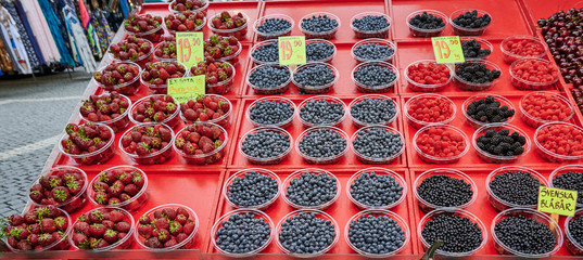 Blueberries and raspberries are for sale in Hötorget's square store