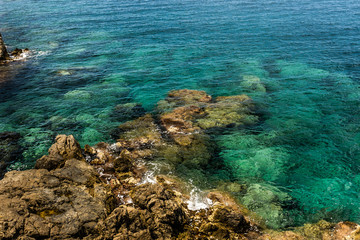 Panoramic view of Mediterranea sea rocky coast in Crete.