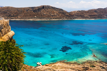 View of the beautiful beach in Balos Lagoon and Gramvousa island on Crete.