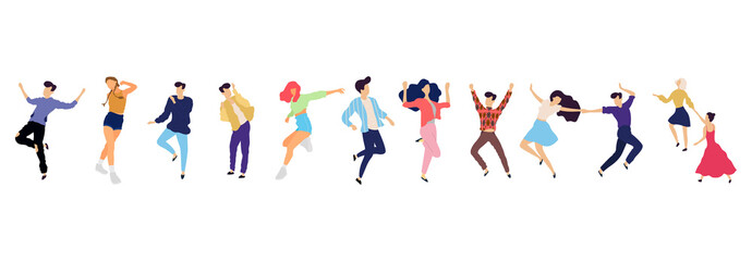 Fototapeta na wymiar Crowd of young people dancing at club. Big set of characters having fun at party. Flat colorful vector illustration.