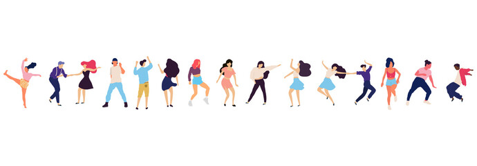 Crowd of young people dancing at club. Big set of characters having fun at party. Flat colorful vector illustration.