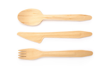 Eco friendly disposable wooden cutlery isolated on white background. Contains clipping path.