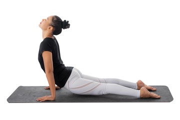 The women are practicing yoga in the basic position  which is a warm-up and meditation exercise, On white isolated background, concept to health care and recreation