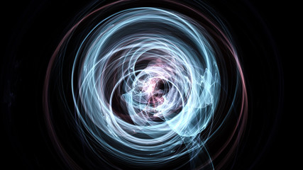 Abstract energy ball. Luminous nuclear model on dark background. Glowing energy ball. Nuclear reaction element. Close up swirling pink and blue smoke on black background. 3d rendering.