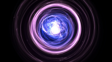 Abstract energy ball. Luminous nuclear model on dark background. Glowing energy ball. Nuclear reaction element. Close up swirling pink and blue smoke on black background. 3d rendering.