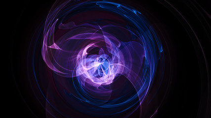 Abstract energy ball. Luminous nuclear model on dark background. Glowing energy ball. Nuclear reaction element. Close up swirling pink and blue smoke on black background. 3d rendering.
